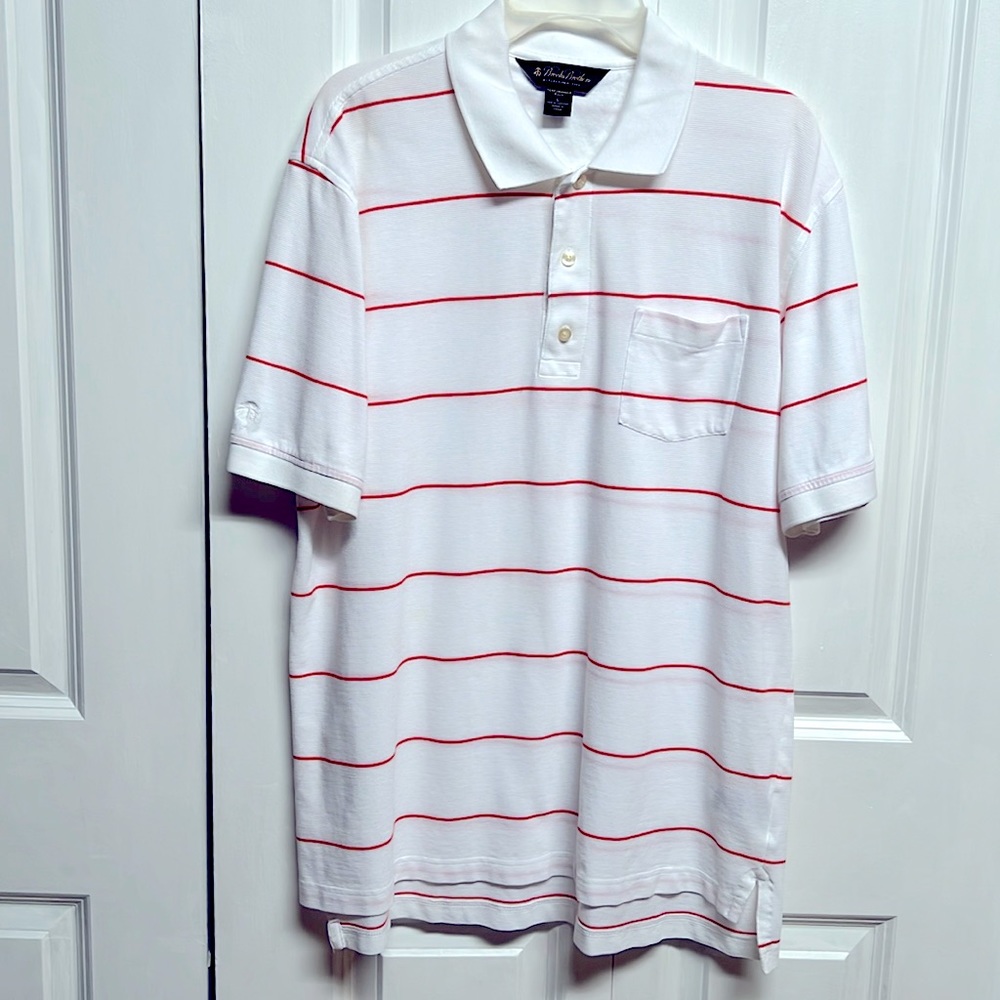 Brooks Brothers White Red Strip Pocket Performance Polo Short Sleeve Size L